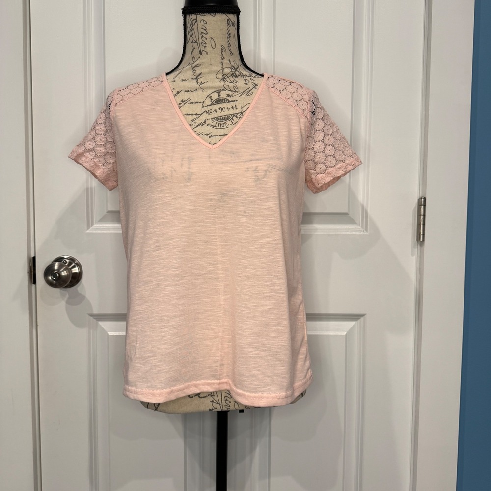 SHEIN Pink‎ Lace Raglan Sleeve V-Neck Slub Knit Tee Top Womens Size XS